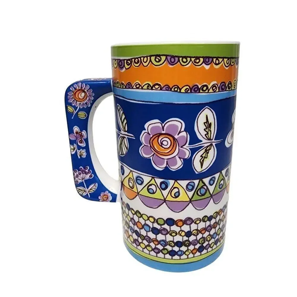Pier 1 Imports Coffee Mugs, Artisan Boho Floral Print Tall Ceramic Drinking Cup